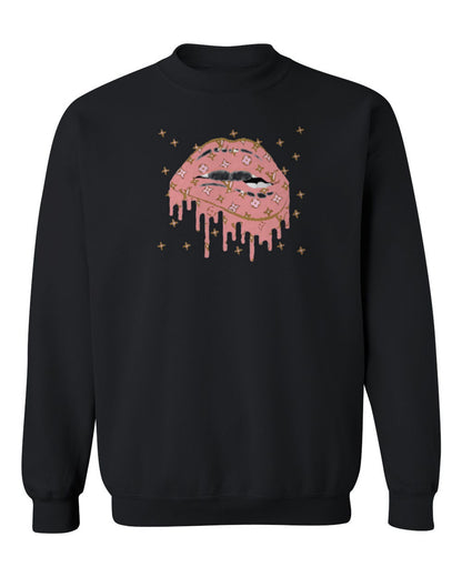 Pink Monogram Lips Design — black crewneck mockup