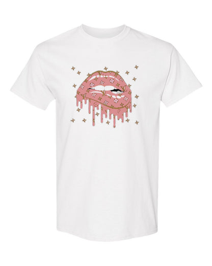 Pink Monogram Lips Design — white t-shirt mockup