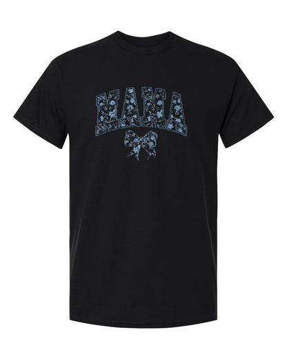 Blue Floral Mama Design — black t-shirt mockup