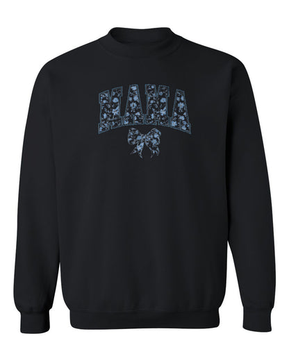 Blue Floral Mama Design — black crewneck mockup