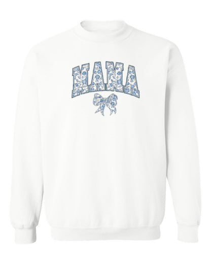 Blue Floral Mama Design — white crewneck mockup