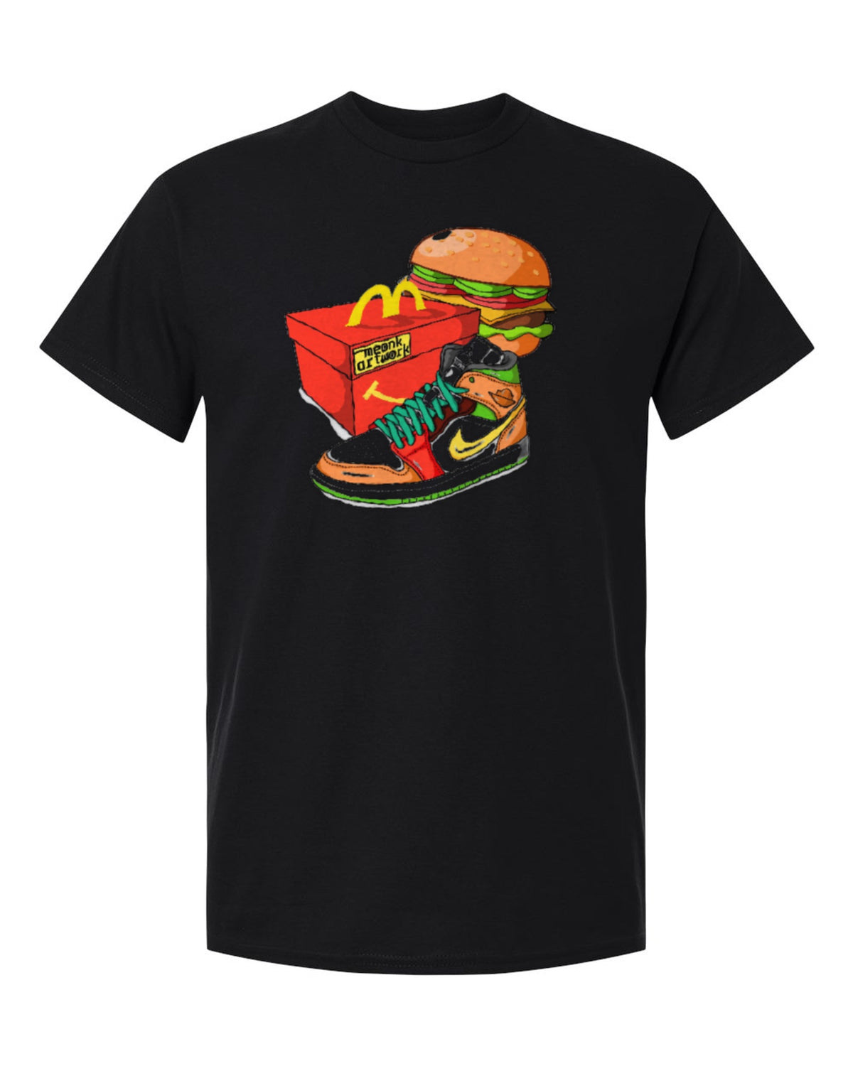 Nike Burger Sneaker Design — black t-shirt mockup