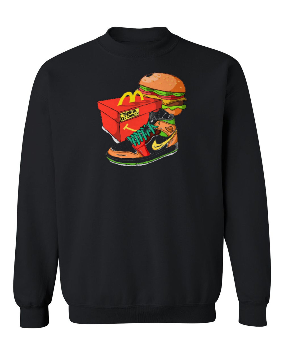 Nike Burger Sneaker Design — black crewneck mockup
