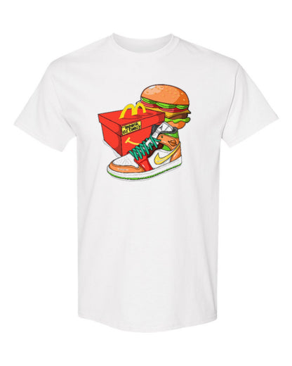 Nike Burger Sneaker Design — white t-shirt mockup