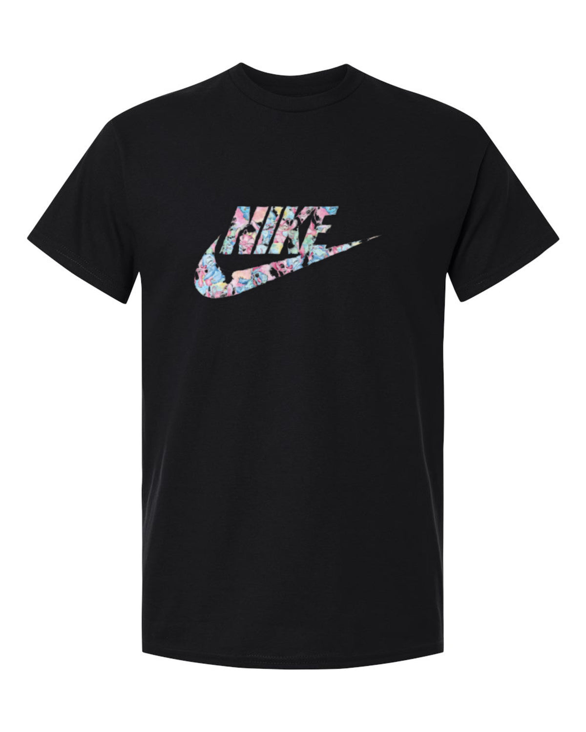 Nike Floral Swoosh Design — black t-shirt mockup