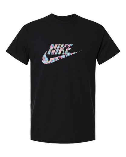 Nike Floral Swoosh Design — black t-shirt mockup
