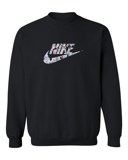 Nike Floral Swoosh Design — black crewneck mockup