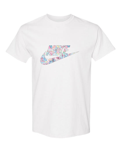 Nike Floral Swoosh Design — white t-shirt mockup