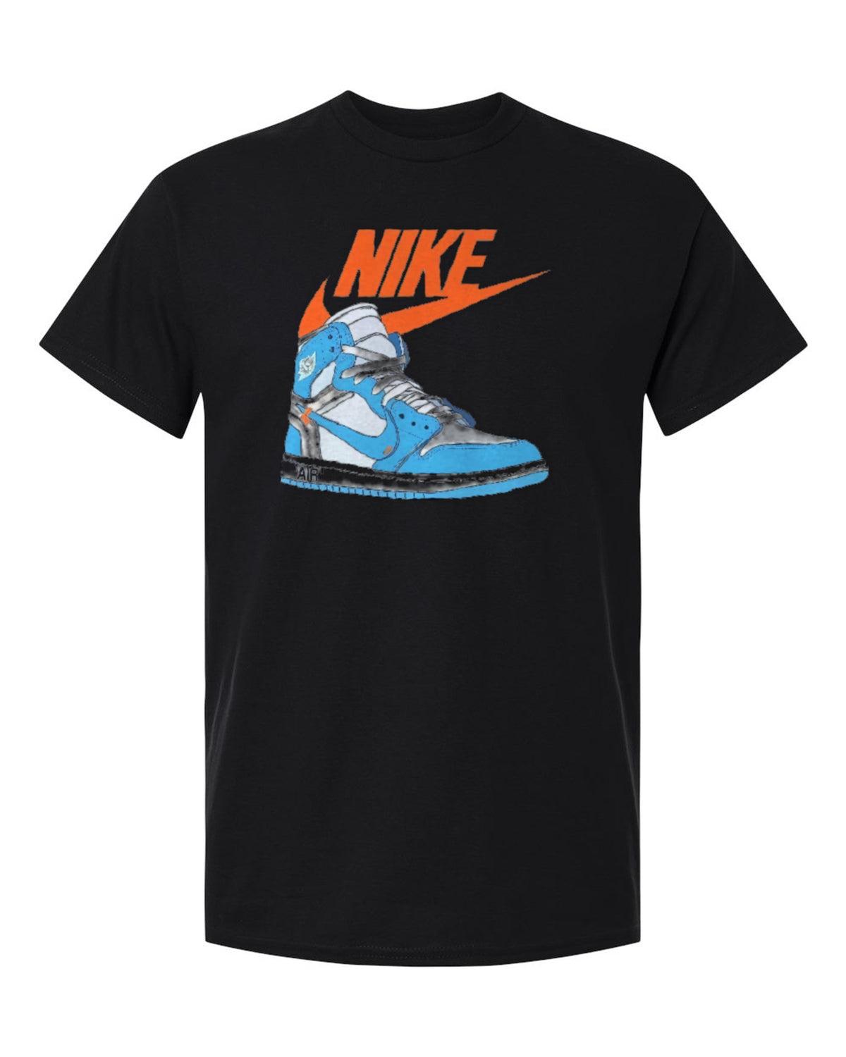 Nike Blue Sneaker Design — black t-shirt mockup