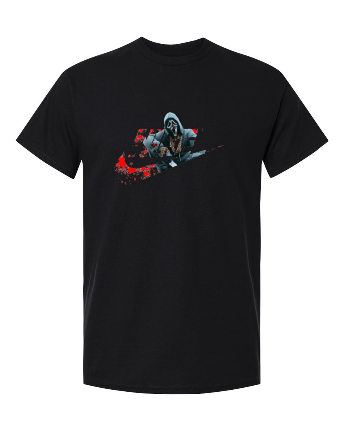 Nike Ghostface Splatter Design — black t-shirt mockup