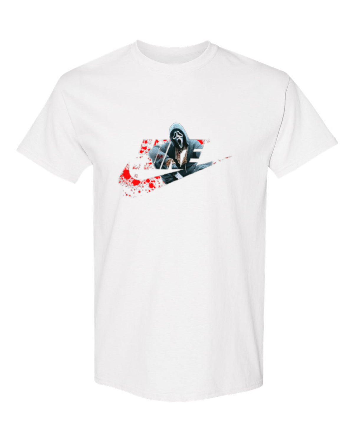 Nike Ghostface Splatter Design — white t-shirt mockup