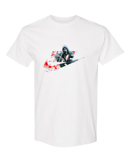 Nike Ghostface Splatter Design — white t-shirt mockup