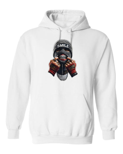 Smile Mask Design — white hoodie mockup