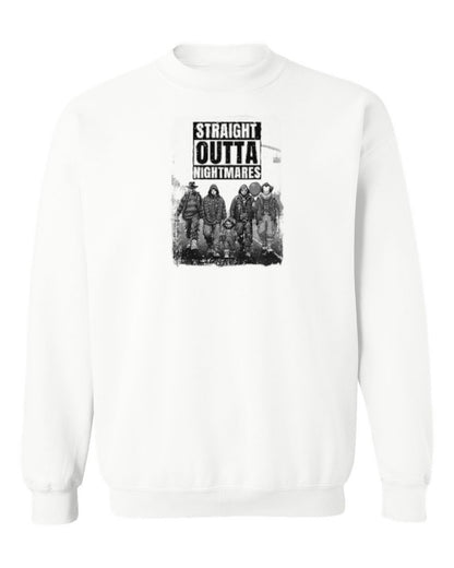 Straight Outta Nightmares Design — white crewneck mockup