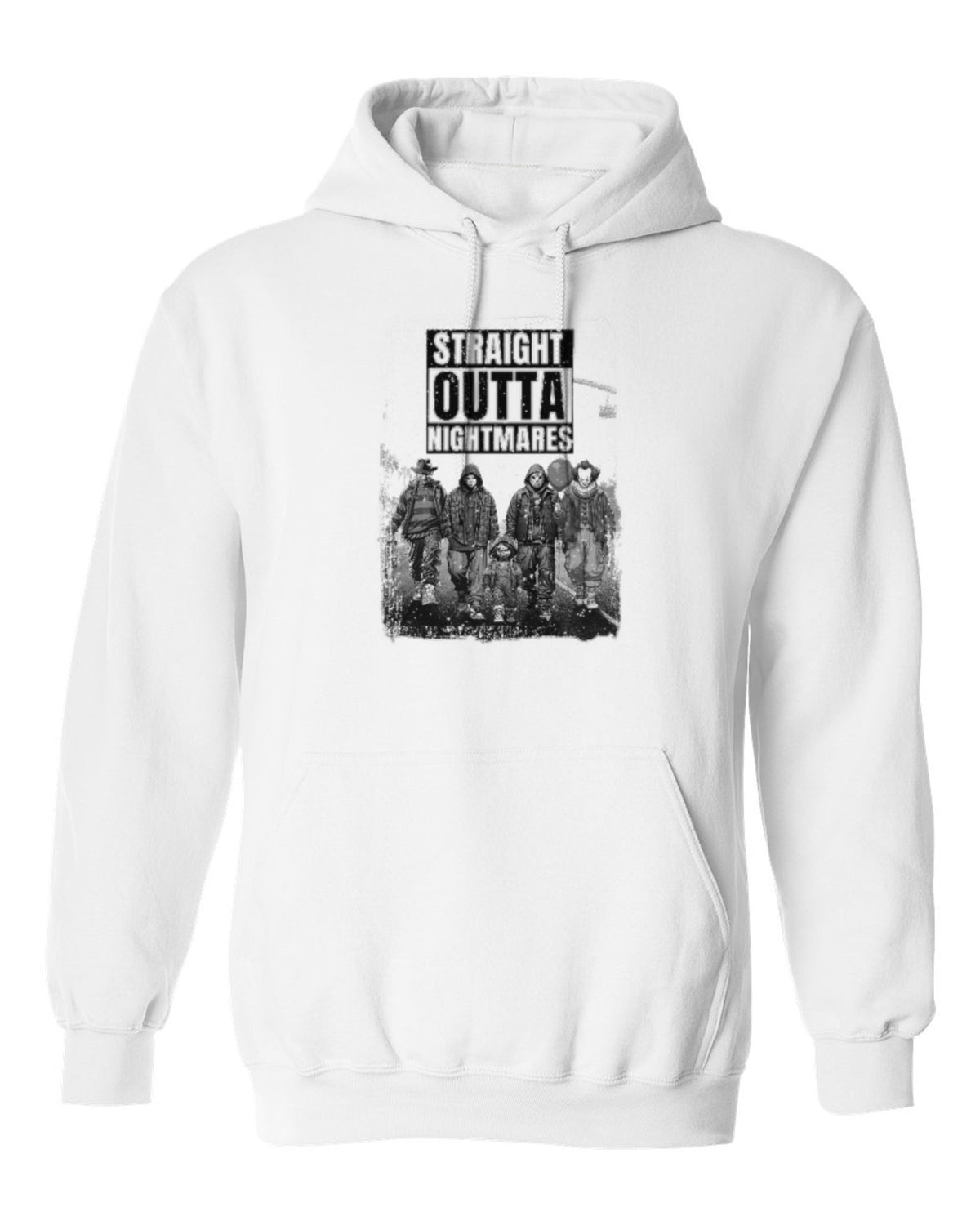 Straight Outta Nightmares Design — white hoodie mockup