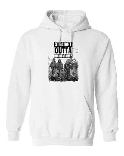 Straight Outta Nightmares Design — white hoodie mockup