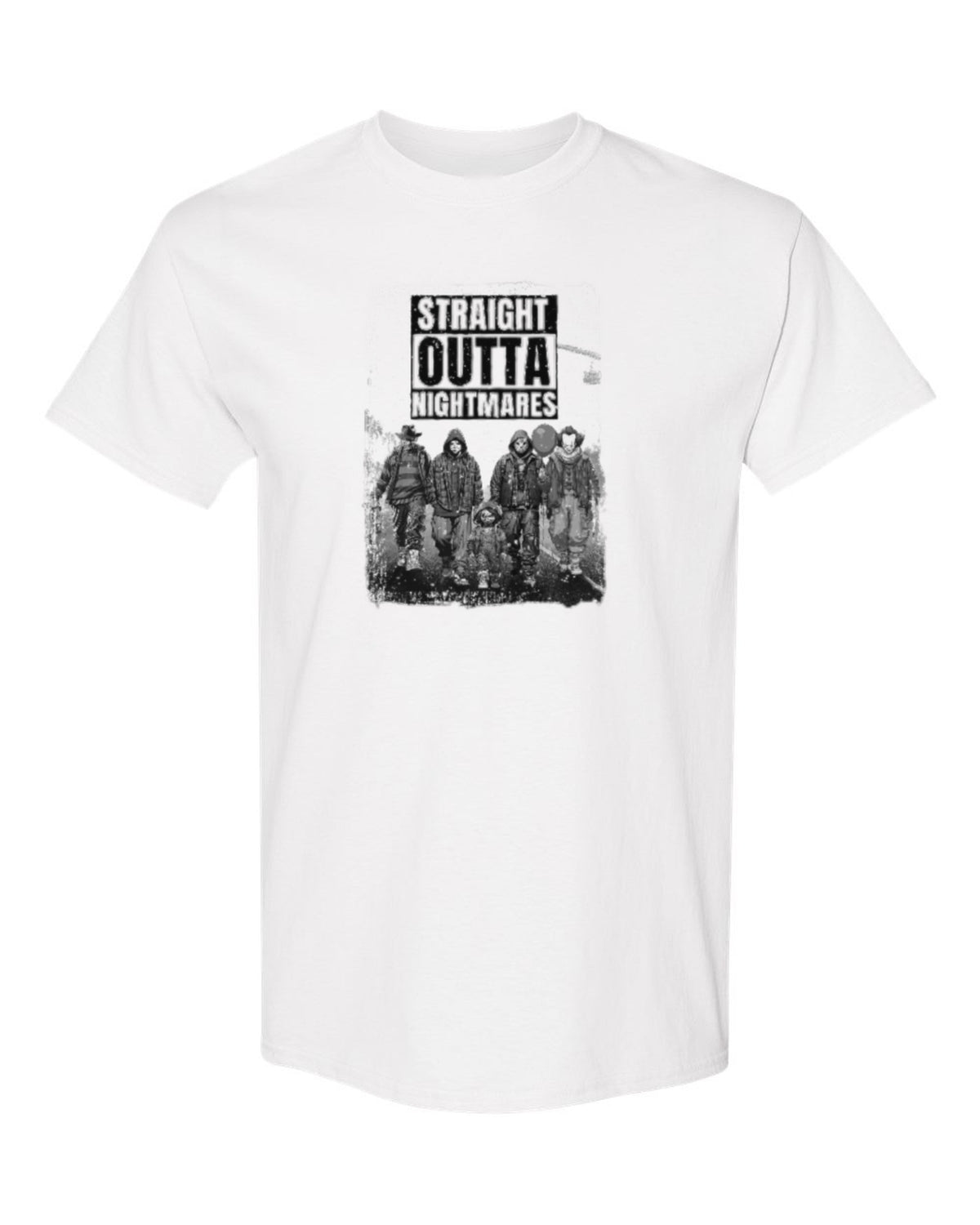 Straight Outta Nightmares Design — white t-shirt mockup