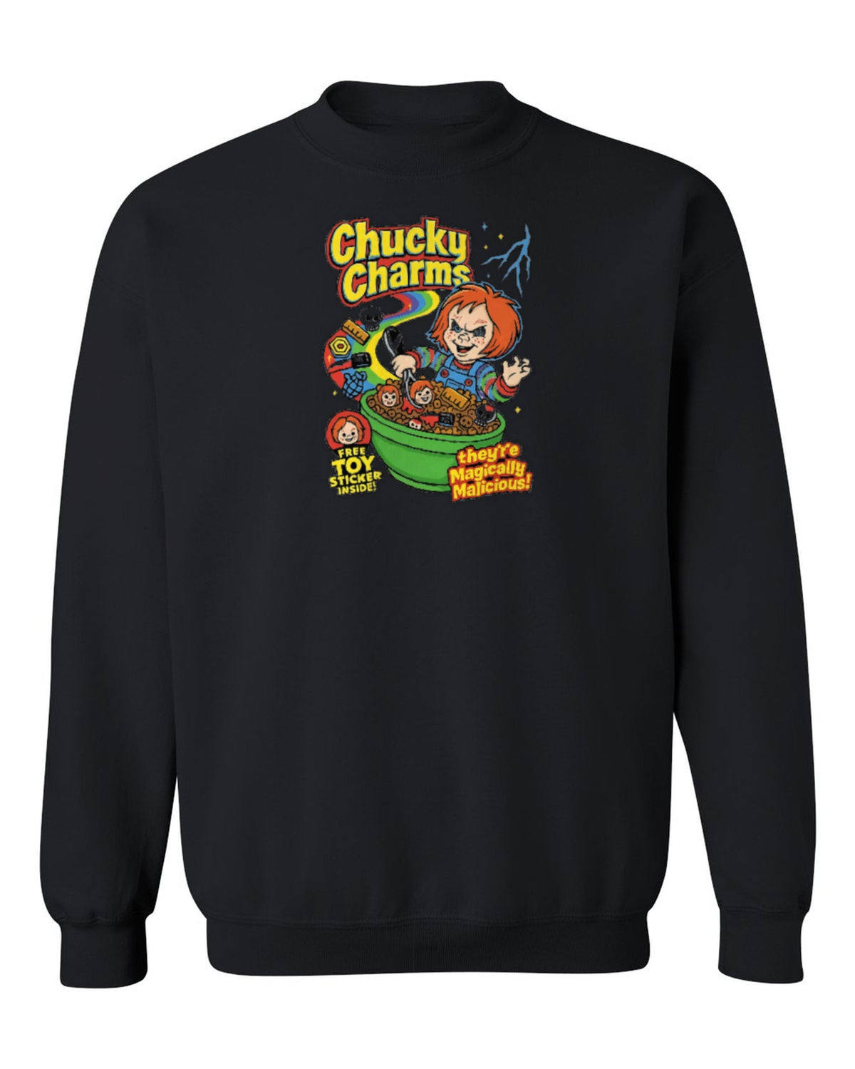Chucky Charms Design — black crewneck mockup