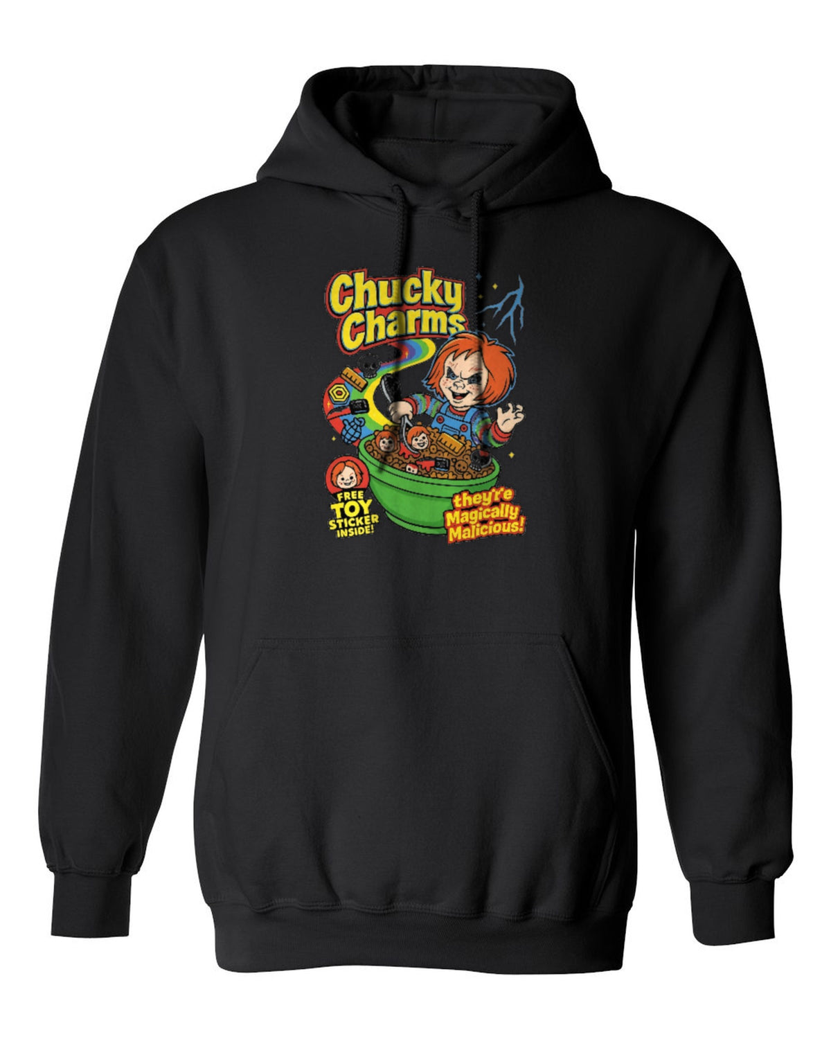 Chucky Charms Design — black hoodie mockup