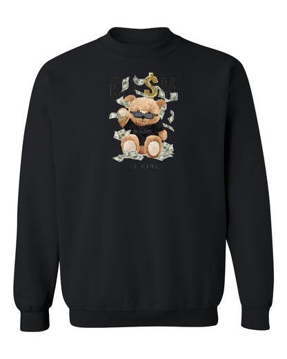 Cash Is King Bear Design — black crewneck mockup