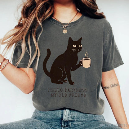 Hello Darkness My Old Friend Black Cat Coffee Halloween T-shirt graphic design — view 2