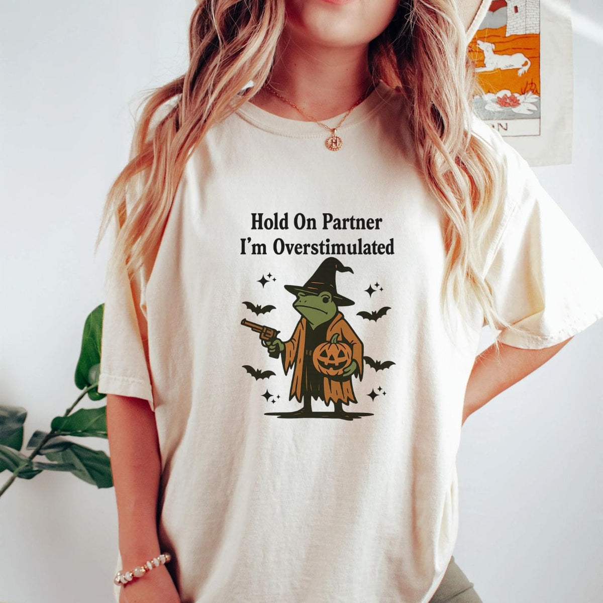 Hold On Partner I'm Overstimulated Halloween Witch Frog T-shirt graphic design — view 6